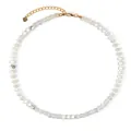 Handmade beaded necklace with white stone and chalcedony beads and a gold heart tag. - Heart Rainbow Abacus Bead Style 14