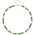 Elegant beaded necklace with green malachite flat beads and white pearls for women - Pearl Malachite Style