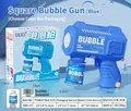 Automatic electric handheld bubble gun toy in blue with packaging and refill solution - Square 6-Hole Blue (Boxed)