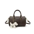 Elegant dark brown leather women's Boston bag with a cute printed dog keychain charm - Coffee With Pendant