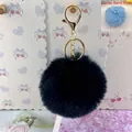 Soft 8cm black faux rabbit fur plush ball keychain with elegant golden metal ring and clasp - 8cm+Elastic Band Style (Without Metal Parts) / Black