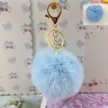8cm sky blue faux rabbit fur pom-pom keychain with gold-tone lobster clasp - 8cm+Elastic Band Style (Without Metal Parts) / Sky Blue