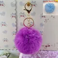 8cm soft purple faux rabbit fur pom pom keychain with gold lobster clasp and ring - 8cm+Elastic Band Style (Without Metal Parts) / Dark Purple