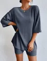 Detailed view of women's charcoal grey ribbed knit loose summer loungewear set - Aqua