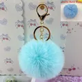 Soft light blue 8cm faux rabbit fur plush pom-pom keychain for bags and keys variant - 8cm+Elastic Band Style (Without Metal Parts) / Aqua Blue