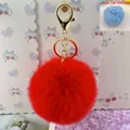 Vibrant red 8cm fluffy faux rabbit fur pom pom keychain with gold clasp hardware - 8cm+Elastic Band Style (Without Metal Parts) / Red