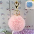 Soft 8cm pink faux rabbit fur pom pom keychain with golden lobster clasp for bag charm - 8cm+Elastic Band Style (Without Metal Parts) / Pink
