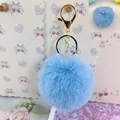 Light blue 8cm rex rabbit fur pom-pom keychain with elegant gold hardware for bags - Elastic Band Style (Without Metal Parts) / New Sky Blue