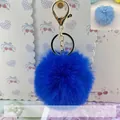 8cm electric blue faux fur pom-pom keychain accessory with gold-tone metal lobster clasp - Elastic Band Style (Without Metal Parts) / Sapphire Blue
