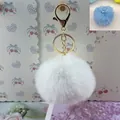 8cm white and blue faux rabbit fur pom pom keychain charm with gold ring for bags - Elastic Band Style (Without Metal Parts) / Off-white