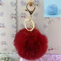 Soft deep red faux fur pom-pom keychain featuring a gold-toned lobster clasp and ring - 8cm+Elastic Band Style (Without Metal Parts) / Dark Red