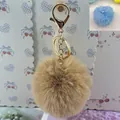 Luxurious 8cm beige faux rex rabbit fur pom pom keychain with gold lobster clasp - 8cm+Elastic Band Style (Without Metal Parts) / Light Camel