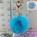 8cm blue rex rabbit fur pompom keychain accessory with golden lobster clasp for bags - Elastic Band Style (Without Metal Parts) / Cyan