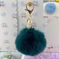 Fluffy 8cm faux rabbit fur pom pom keychain in dark teal green with metal clasp - Elastic Band Style (Without Metal Parts) / Dark Green