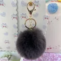 Soft 8cm faux rabbit fur pom-pom keychain with gold-tone lobster clasp bag charm - Elastic Band Style (Without Metal Parts) / Coffee