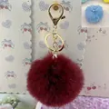 Premium 8cm burgundy rex rabbit fur pom-pom keychain with elegant gold-tone hardware - Elastic Band Style (Without Metal Parts) / Burgundy