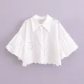 Weiße bestickte kurzärmelige Puffärmel-Bluse mit Spitzen-Details - XS / Weiß