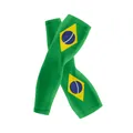 Detailed view of green ice silk cooling arm sleeves with Brazil flag print. - One Size / Brazil