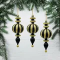 Set of black and gold glitter striped Christmas tree finial ornaments for holidays - Black
