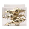 Set of 3 golden gourd Christmas ornaments with white swirl patterns in a clear box. - Glossy Champagne Wide Gourd
