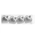 Set of 4 silver heart-shaped Christmas ornaments with glitter details in a clear box. - Small Heart Silver