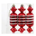 Set of three red and white candy-shaped Christmas tree ornaments in clear packaging box - Cylinder Candy Red