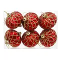 Set of 6 decorative red and gold gourd-shaped Christmas ornaments with glitter patterns - Grid Onion Red
