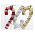 Set of 3 glitter candy cane Christmas tree ornaments in red, silver, and gold finish. - Large Cane Gold Silver Red