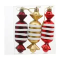Set of 3 candy-shaped Christmas tree ornaments in red and gold with white stripes. - Cylinder Candy Mixed Color