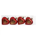 Set of 4 red matte heart Christmas tree ornaments with gold glitter heart patterns - Small Red Heart