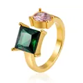 Detailed macro view of an 18K gold stainless steel ring with green and pink zircons. - Square Round Green Pink Zirconia (JZ002-2)