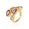 Macro detail of 18K gold-plated stainless steel ring set with purple pear zircons - Waterdrop Pink Purple Zirconia (JZ002-7)
