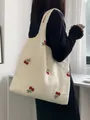 Large off-white canvas tote bag with embroidered cherry design for women's travel. - Cherry Embroidery