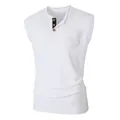 Men's casual white sleeveless Henley t-shirt with chest pocket and button placket - White