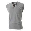 Premium grey sleeveless Henley T-shirt for men with three buttons and chest pocket - Gray
