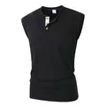 Casual men's black sleeveless Henley T-shirt with white contrast placket and chest pocket - Black