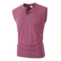 Men's casual sleeveless Henley T-shirt with front pocket in heathered pink color - Rose Red