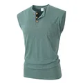Men's casual sleeveless Henley t-shirt in green with chest pocket and wood buttons - Dark Green