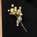 Unique minimalist silver hand-shaped brooch holding elegant dried yellow flowers for suits - Hand Shaped Flower Holder Brooch (12-WG-0997-Without Flower) / Silver