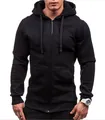 Detailed shot of men's solid black zip-up hoodie with adjustable drawstring hood - S / Black