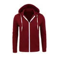 Men's burgundy zip-up hooded sweatshirt with white drawstrings for casual sports wear - S / Burgundy