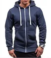 Detail view of a men's navy blue zip-up hoodie sweatshirt with white drawstrings - Navy Blue