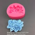 Pink silicone rose flower mold with blue molded sample and detailed product size - Gardenia / Pink