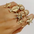 Ensemble de bagues bohème dorées thème marin avec étoile de mer hippocampe et poisson - Style Créature Marine (32837) / Or