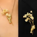 Elegant golden hand-shaped brooch and necklace pendant set for holding mini bouquets. - Hand Bouquet Necklace and Brooch Set (15-2 Pieces-Without Flower) / Bright Gold + Medium Gold