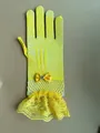 Yellow elastic fishnet bridal wedding gloves with lace ruffle cuff and bow detail - Yellow