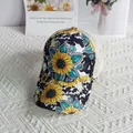Floral sunflower print ponytail trucker hat with mesh back for women's outdoor wear - Adult, Adjustable / Yellow and Blue Sunflower Print (9#)