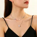 Double-layered silver necklace with blue beads and a sparkling star pendant jewelry - Double Layer Star Zirconia Necklace (2050) / Silver
