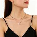 Double-layer gold heart pendant necklace paired with colorful crystal beaded choker - Double Layer Colored Bead Heart Necklace (2611) / KC Gold