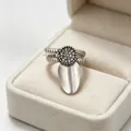 Silver vintage nail ring with sparkling zirconia accents inside a beige velvet gift box - Brushed Zirconia Nail Ring (12133)